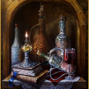 Still Life in a Niche with a Napkin and Antique Bottles