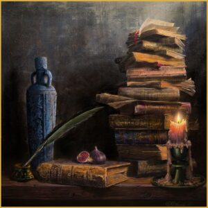 Still Life with Old Books, Wine and Figs