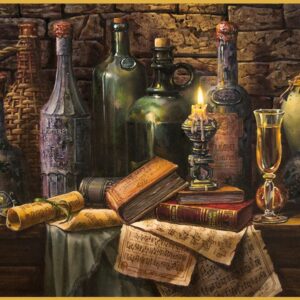 Still life with vintage wine bottles